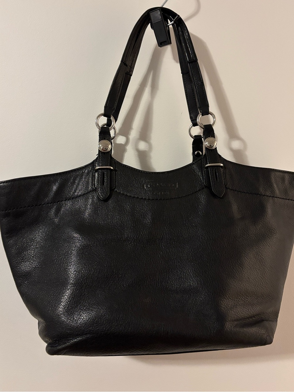 Coach Carly Black Leather Shoulder Tote with Silver Hardware